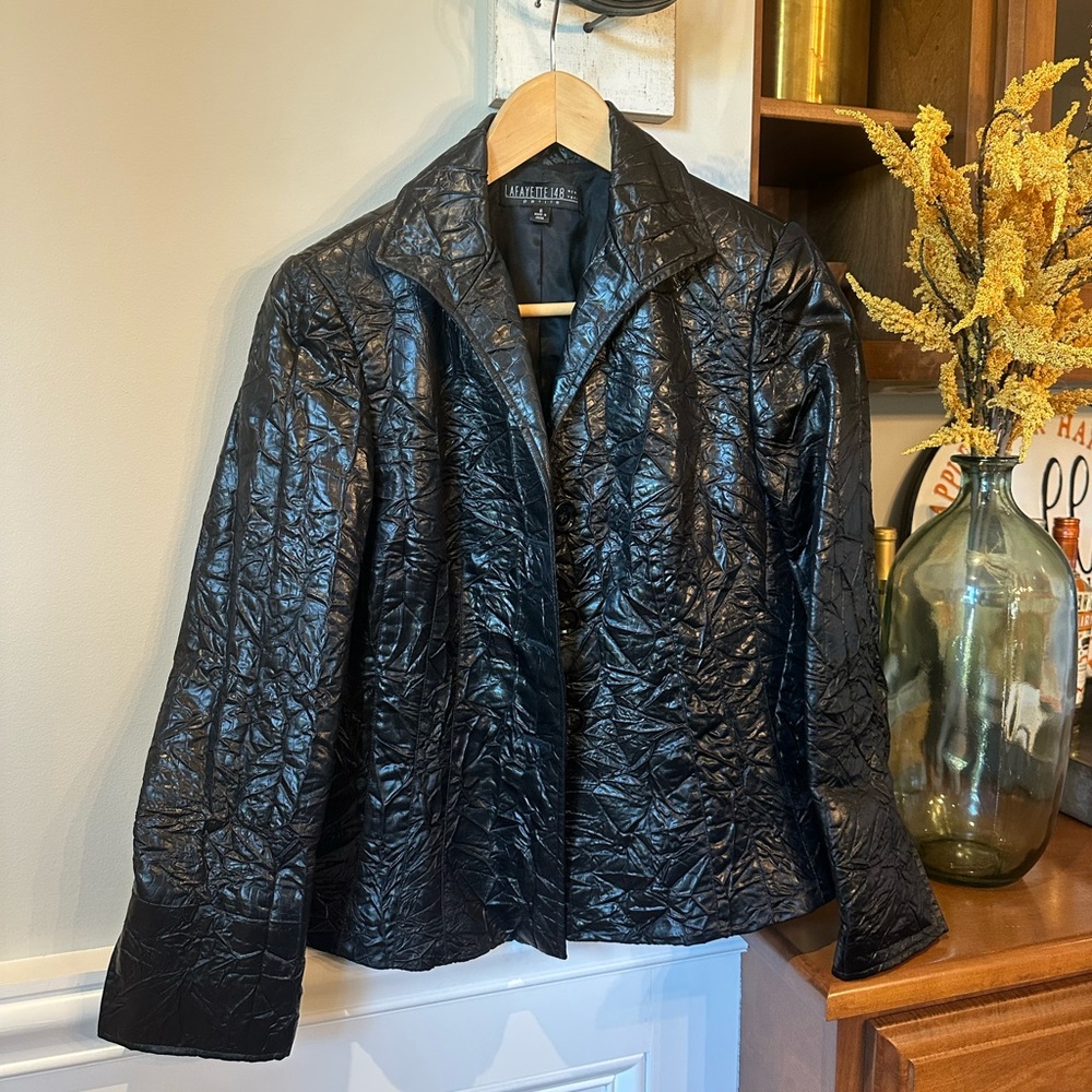 Lafayette 148 New York Black Crinkle Look Faux Leather Acetate Jacket‎ Size 6 P